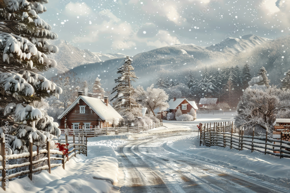 Fototapeta premium A snowy landscape with a road and houses in the background