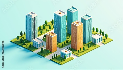 Generative, AI, isometric view of a stylized city with blue buildings and green parks on a light blue background.