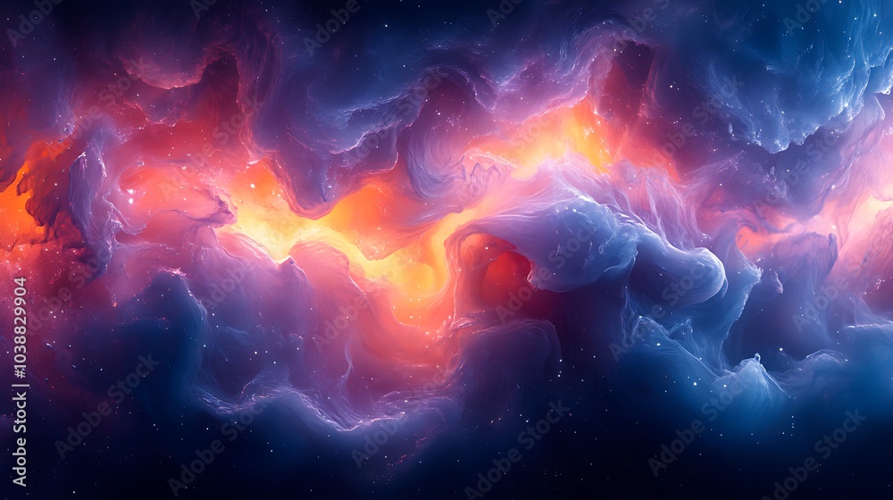 Abstract digital art of a swirling, cosmic nebula with blue, orange, and red hues. Abstract digital art of a swirling, cosmic nebula with blue, orange, and red hues.