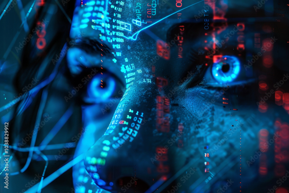 A woman's face is shown in a computer generated image with a blue eye A woman's face is shown in a computer generated image with a blue eye