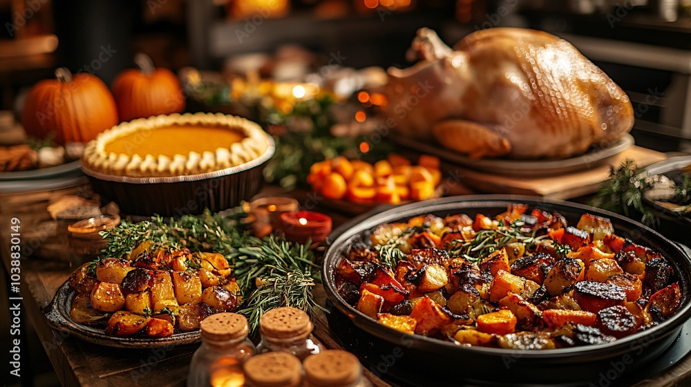 Thanksgiving table with traditional dishes Thanksgiving table with traditional dishes