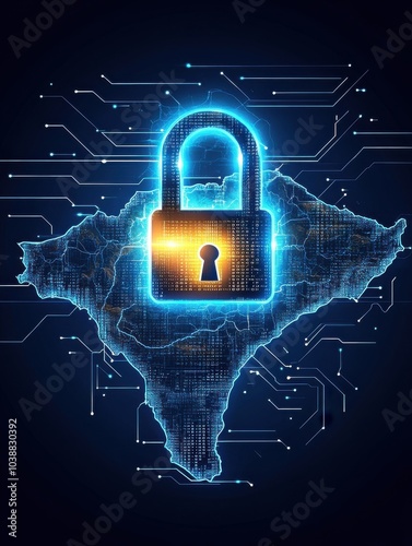 Digital Security in India: Illuminated Lock on Technology Map, Cyber Defense, Data Encryption, Network Safety, Secure Communications, IT Infrastructure Illustration photo