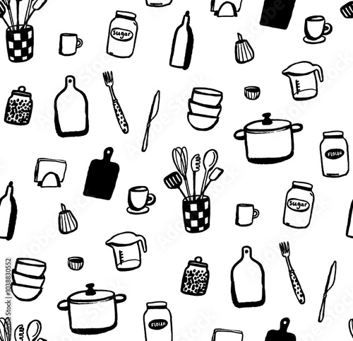 Kitchen texture, seamless background pattern, hand drawn doodles of kitchenware and utencils. Black and white sketch vector pattern
