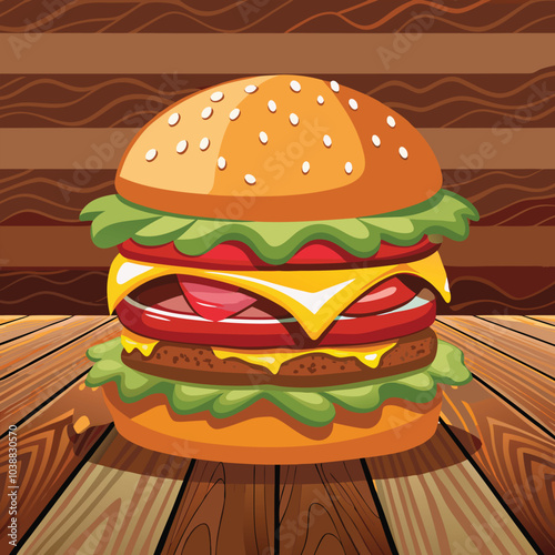 A juicy bacon burger with a beef patty on a rustic wooden table illustration design cosncept