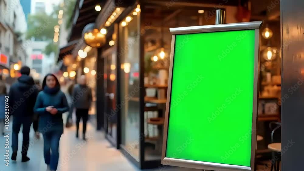 Green screen poster board stand placed at the front of a shop