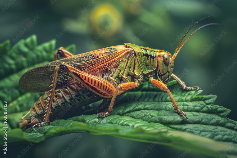 A green and brown grasshopper is on a leaf A green and brown grasshopper is on a leaf