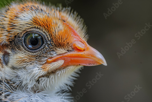 A baby chicken with a pink beak and orange feathers photo