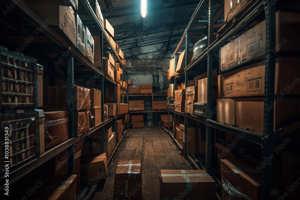 A warehouse with many boxes stacked on shelves A warehouse with many boxes stacked on shelves