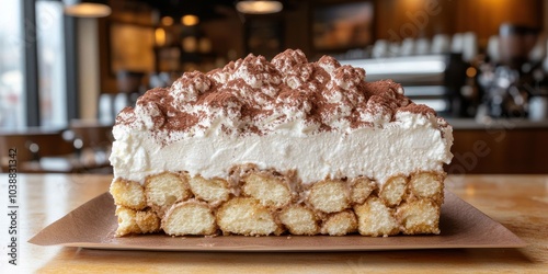 Luxurious Tiramisu Dessert Slice in Rustic Cafe Ambiance with Italy Inspired Layers of Espresso Soaked Ladyfingers and Rich Mascarpone Cream on Wooden Plate photo