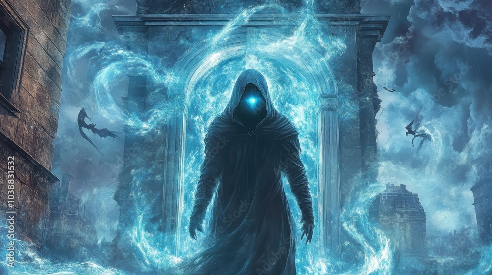 A hooded figure with glowing, enchanted eyes stands in the doorway of a haunted mansion, surrounded by swirling magical energy and stormy skies filled with dark, mythical creatures. A hooded figure with glowing, enchanted eyes stands in the doorway of a haunted mansion, surrounded by swirling magical energy and stormy skies filled with dark, mythical creatures.