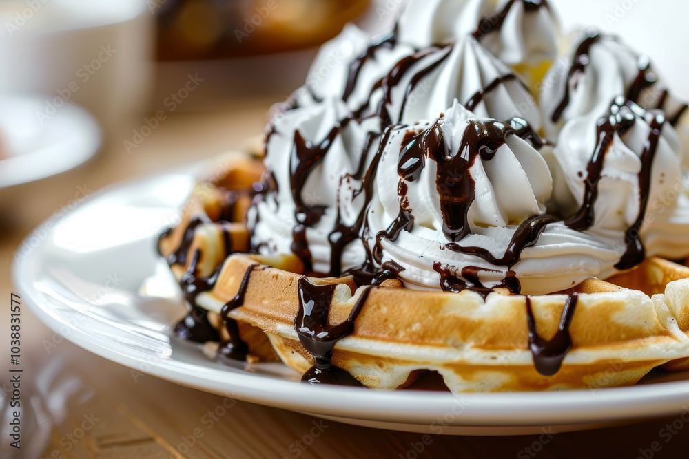 A waffle covered in chocolate and whipped cream A waffle covered in chocolate and whipped cream