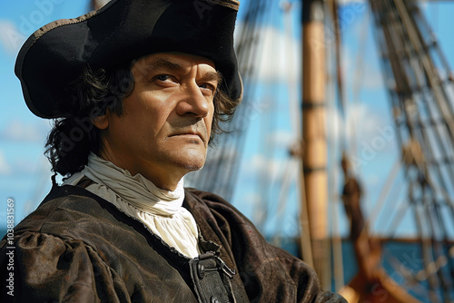 A man in a pirate costume is standing on a ship photo