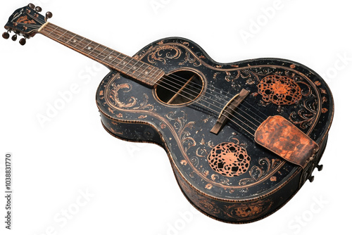 Black resonator guitar isolated on transparent background, png file, no background png file