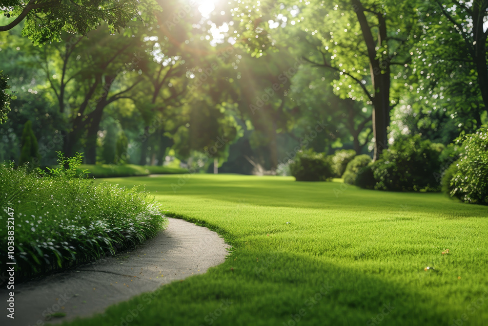 Fototapeta premium A lush green park with a path leading through it