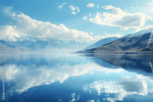 A beautiful blue lake with mountains in the background