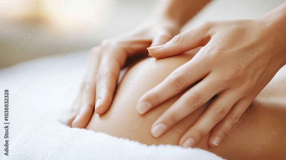 Close-up of hands massaging essential oils into the skin, focus on wellness and rejuvenation Close-up of hands massaging essential oils into the skin, focus on wellness and rejuvenation