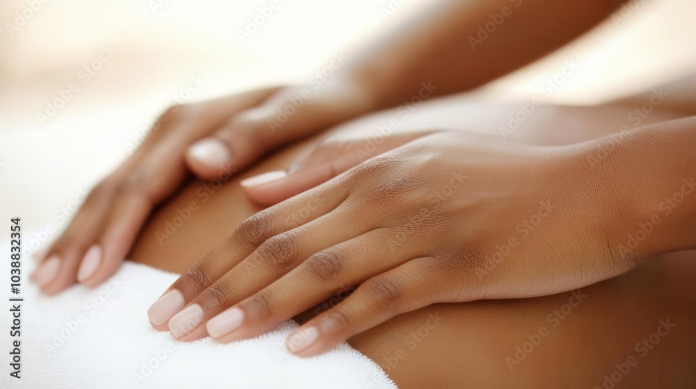 Close-up of hands massaging essential oils into the skin, focus on wellness and rejuvenation Close-up of hands massaging essential oils into the skin, focus on wellness and rejuvenation