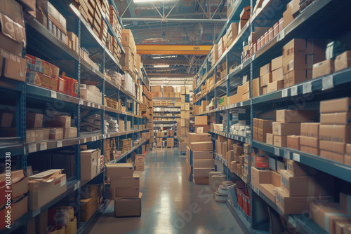 A large warehouse with many boxes on the shelves