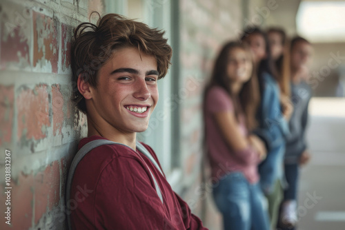 A young man in a red shirt is smiling and posing for a picture with his friends