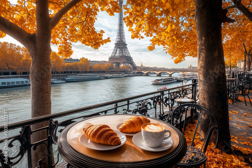 Autumn in Paris, breakfast in a restaurant with coffee and croissants with a view of the eiffel tower