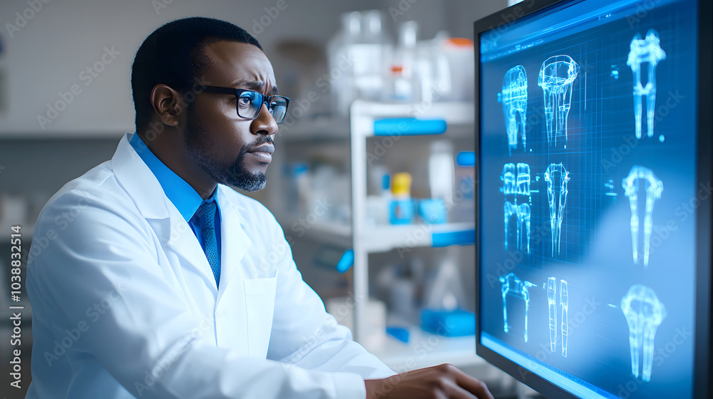 Black doctor in a white coat and glasses is testing a 3D printing computer to make prosthetics Black doctor in a white coat and glasses is testing a 3D printing computer to make prosthetics