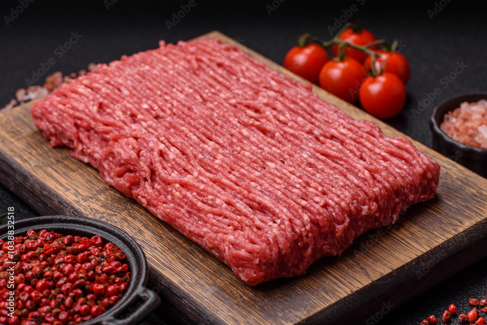 Fresh raw ground beef with salt, spices and herbs Fresh raw ground beef with salt, spices and herbs