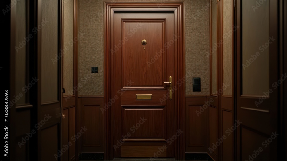 A wooden door in a dimly lit hallway, suggesting a private space or entryway. A wooden door in a dimly lit hallway, suggesting a private space or entryway.