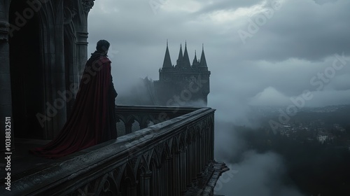 A lone vampire stands on the balcony of a Gothic castle, overlooking a mist-covered valley, with his long, dark cloak billowing in the wind and the night sky filled with ominous storm clouds 
