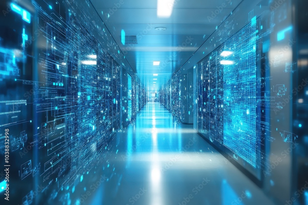 Futuristic hallway with glowing digital data streams in a modern tech facility during the daytime Futuristic hallway with glowing digital data streams in a modern tech facility during the daytime