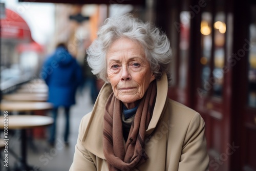 Portrait of an elderly woman in a coat on the street.