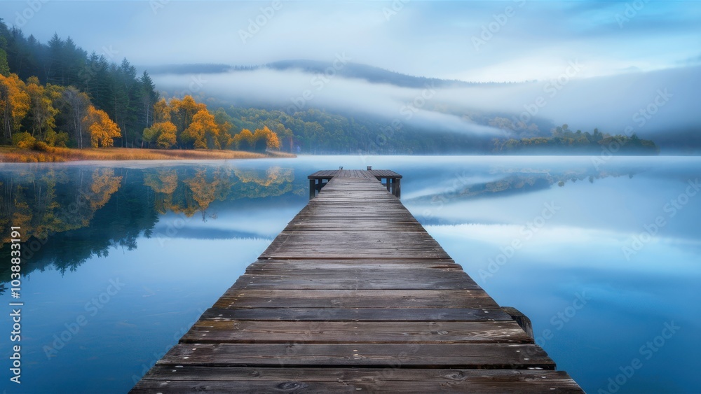 Naklejka premium Serene reflection a tranquil wooden dock nestled amidst misty autumn landscape at dawn