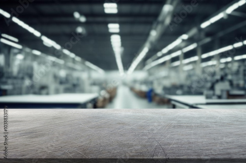 Obraz na plátne blurred background of factory and empty metal tabletop in foreground