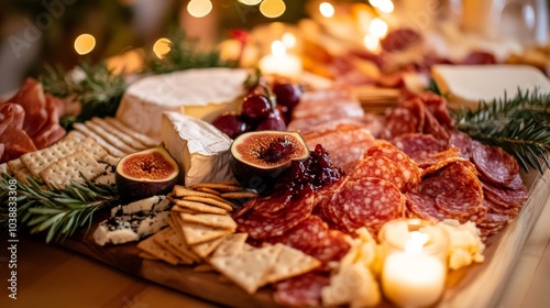 A tantalizing charcuterie board featuring an assortment of cured meats, artisanal cheeses, and gourmet crackers