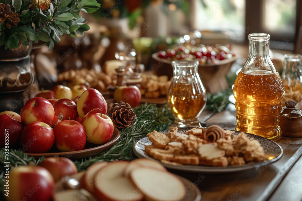 A vibrant festive table with apples and honey for a joyful gathering