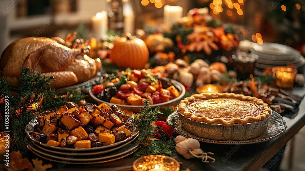 Obraz premium Thanksgiving table with traditional dishes