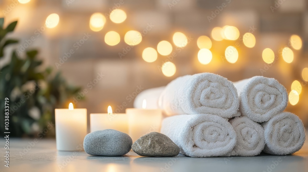 Luxury spa with aromatic candles, soft towels, and natural stone accents, calming ambiance Luxury spa with aromatic candles, soft towels, and natural stone accents, calming ambiance