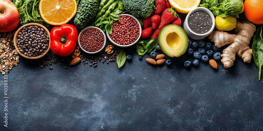 Vibrant, healthy food background with various fruits and vegetables including bell peppers, blueberries, avocados, beets, beans, chia seeds, ginger, lemons, oranges, on a dark gray backdrop. Vibrant, healthy food background with various fruits and vegetables including bell peppers, blueberries, avocados, beets, beans, chia seeds, ginger, lemons, oranges, on a dark gray backdrop.