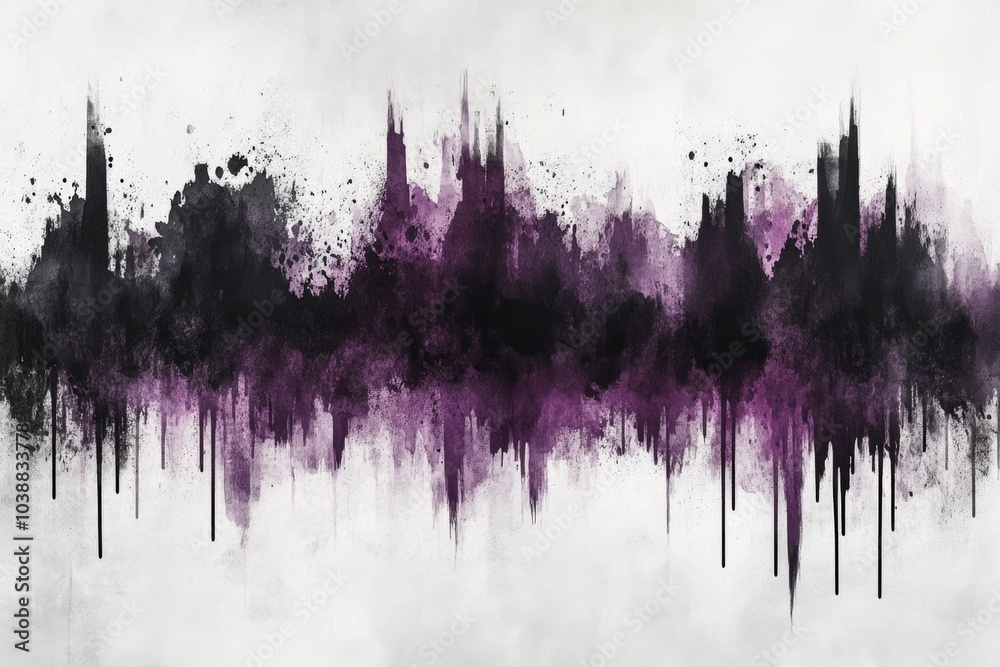 Abstract cityscape painted in black and purple shades with a watercolor effect. Abstract cityscape painted in black and purple shades with a watercolor effect.