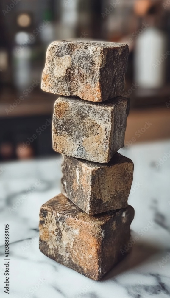 A stack of four weathered, rectangular stones sits on a white marble surface. The rustic texture of the stones adds a touch of natural beauty. A stack of four weathered, rectangular stones sits on a white marble surface. The rustic texture of the stones adds a touch of natural beauty.