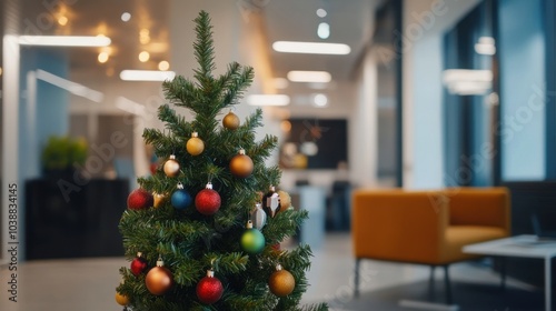 A decorated Christmas tree in a modern office space, creating a festive atmosphere.