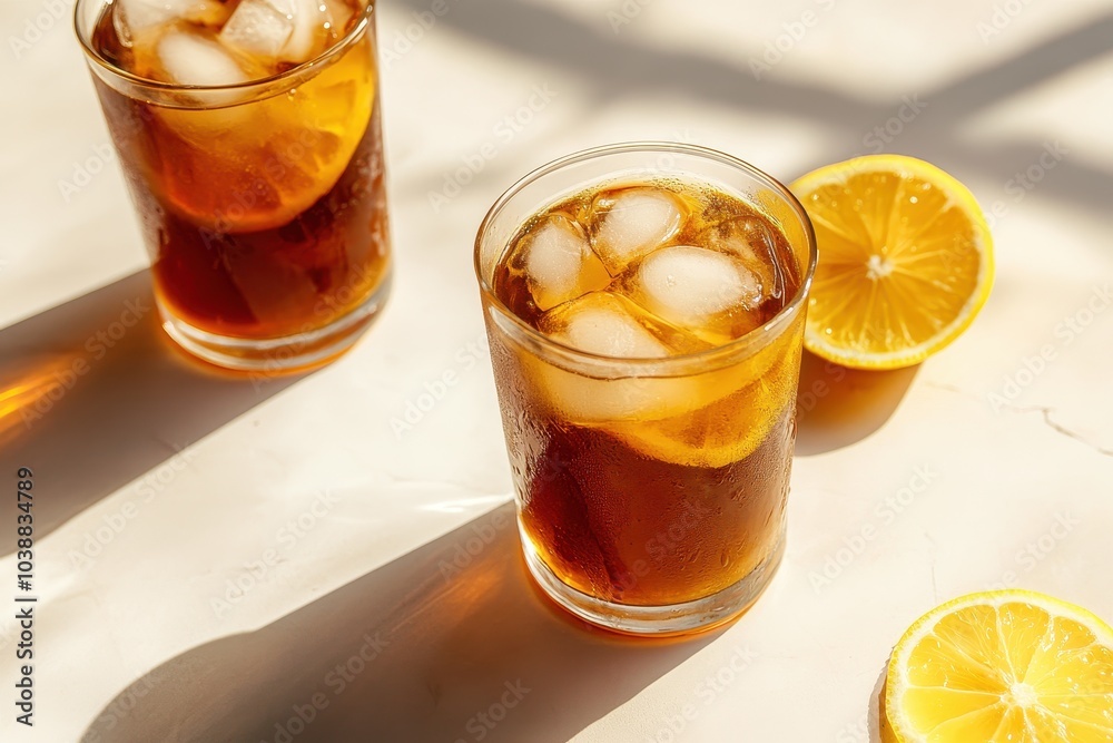 Chilled black tea with lemon in clear glasses against a light backdrop Chilled black tea with lemon in clear glasses against a light backdrop