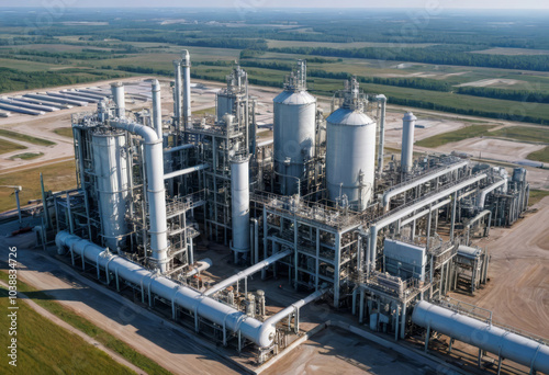 Gas processing plant: Industrial complex with towers, pipes, and tanks for refining natural gas under dramatic sky.