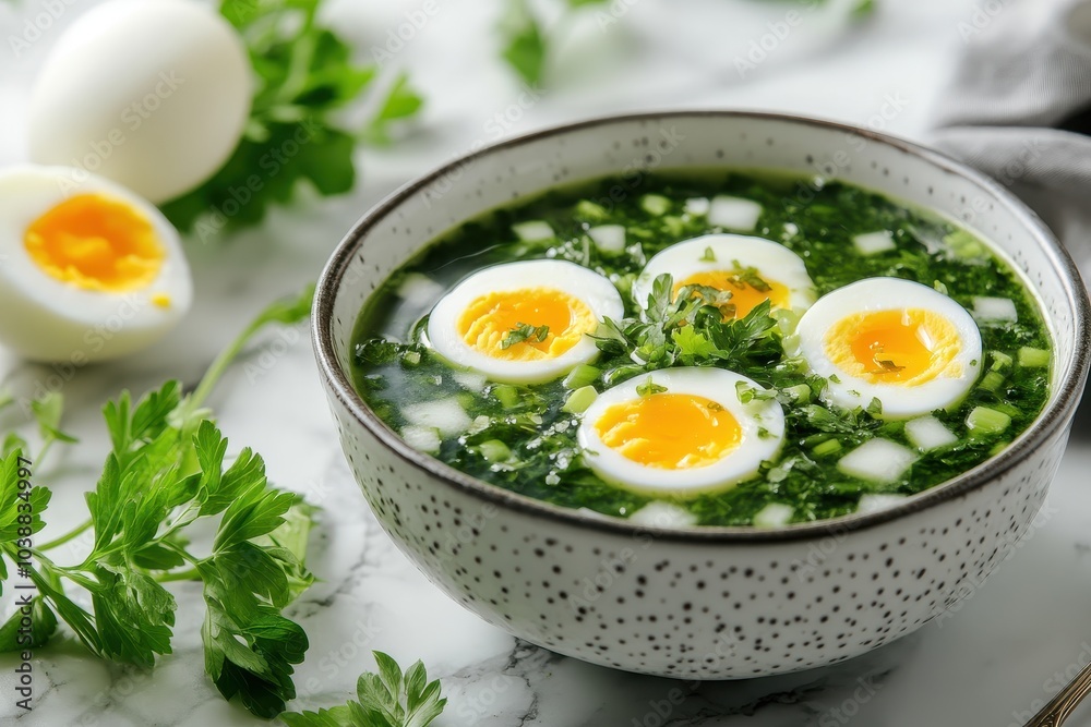 Chilled green summer borscht with sorrel eggs and yogurt on marble Healthy vegetable soup Chilled green summer borscht with sorrel eggs and yogurt on marble Healthy vegetable soup