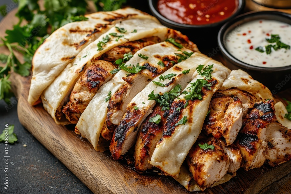 Chicken shawarma with garlic sauce served on a wooden board close up view Chicken shawarma with garlic sauce served on a wooden board close up view
