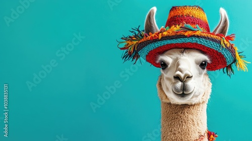  Playful llama in a bright, traditional Peruvian hat against a turquoise background.