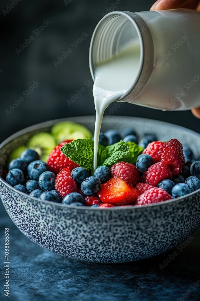 Pouring creamy milk over fresh mixed berries in a decorative bowl Pouring creamy milk over fresh mixed berries in a decorative bowl