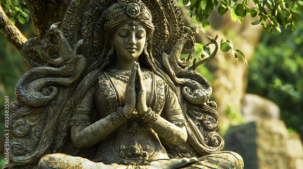 The goddess Asherah, her statue made of wood and stone in her floral garden, the goddess Asherah or Astarot from the Bible. The goddess Asherah, her statue made of wood and stone in her floral garden, the goddess Asherah or Astarot from the Bible.