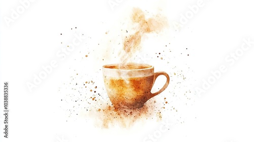 Warm orange cup of coffee on a saucer with steam swirling in the air against a soft beige background