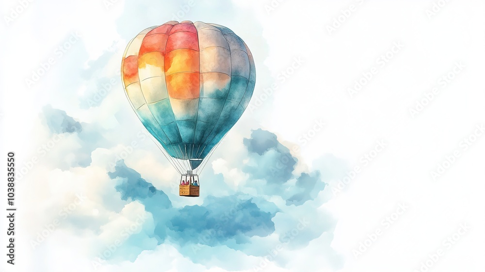 Naklejka premium Colorful hot air balloon soaring through the clouds on a sunny day with a bright blue sky in the background