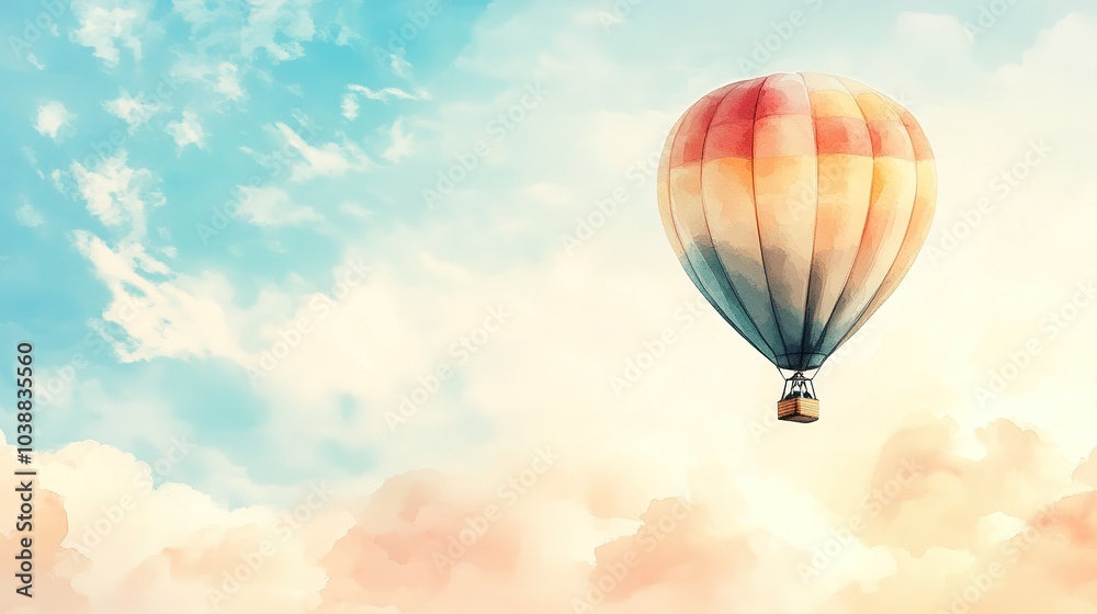 Fototapeta premium Colorful hot air balloon soaring through the clouds on a sunny day with a bright blue sky in the background